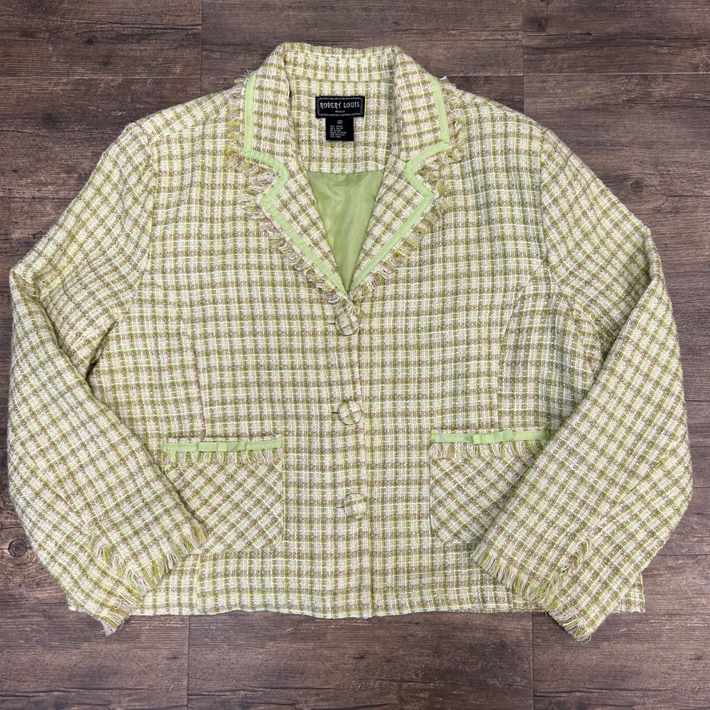Robert Louis Women Blazer Size 2X Green Plaid Fringe Button‎ Front Lined